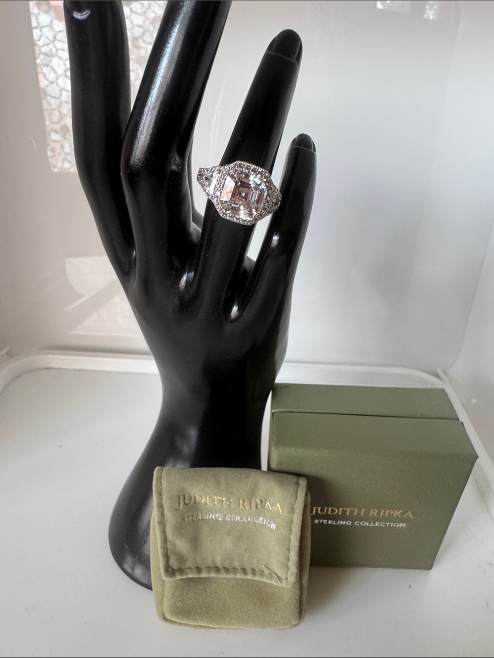 Judith Ripka Silver Ring with Clear Center and Halo Accents